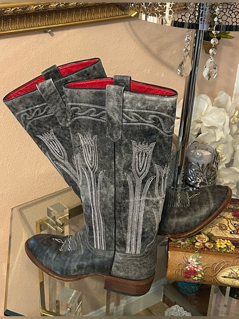 Macie Bean Rodeo Grey Tall Flower Petal Embroidered Western Boots Red Lining